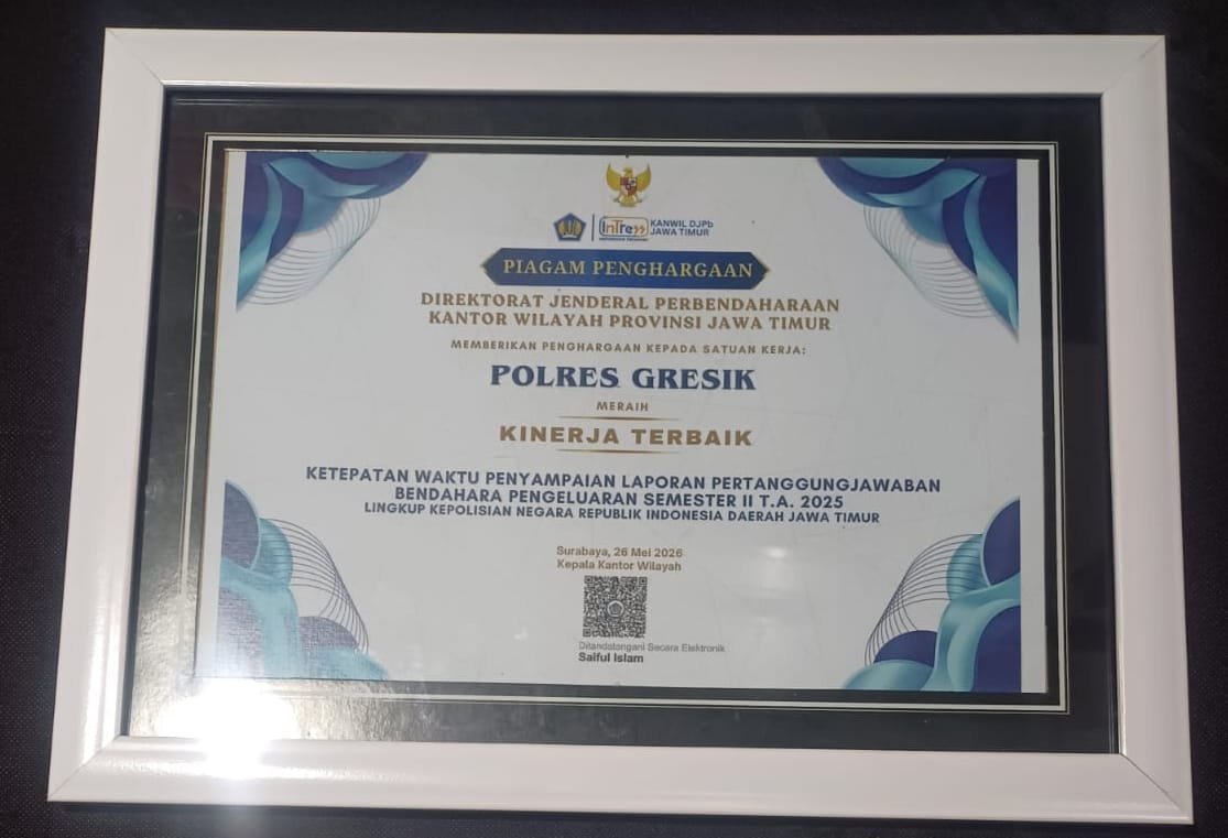 Polres Gresik Borong Penghargaan Kapolri dan DJPb Jatim, Bukti Tata Kelola Keuangan Profesional